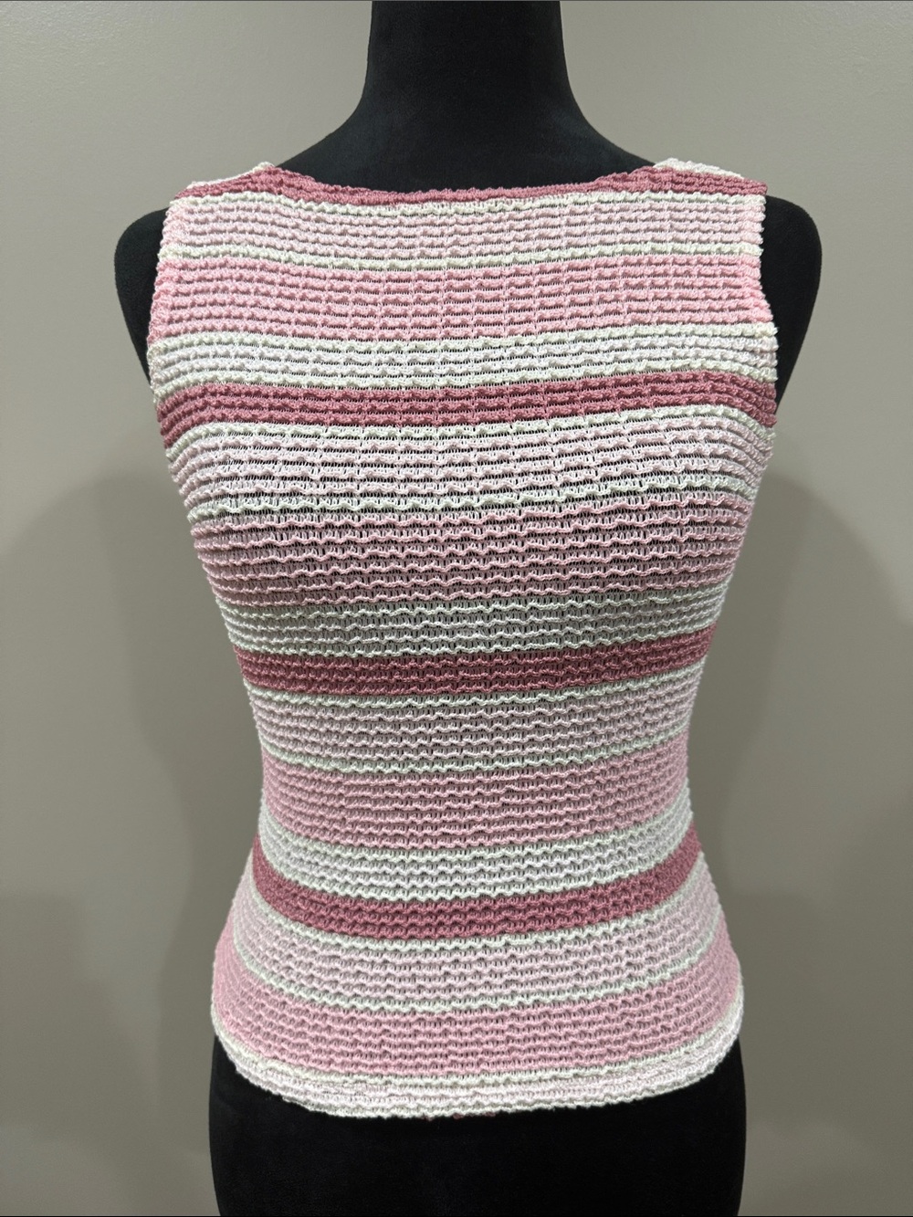 Vintage Lipstick Y2K Pink & White Striped Textured Crinkle Popcorn Knit Top